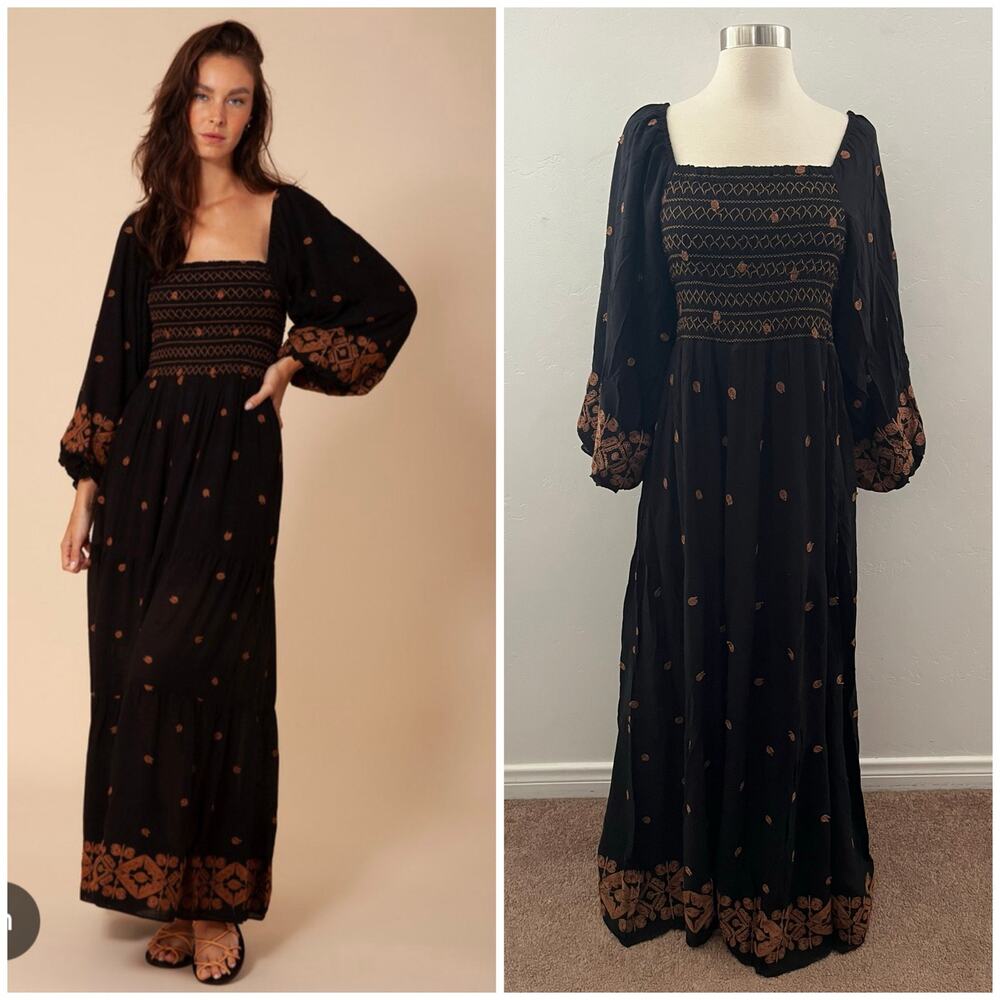 Hale Bob Jayden Embroidered Maxi Dress Black Small Quiet Luxury Peasant Boho NEW